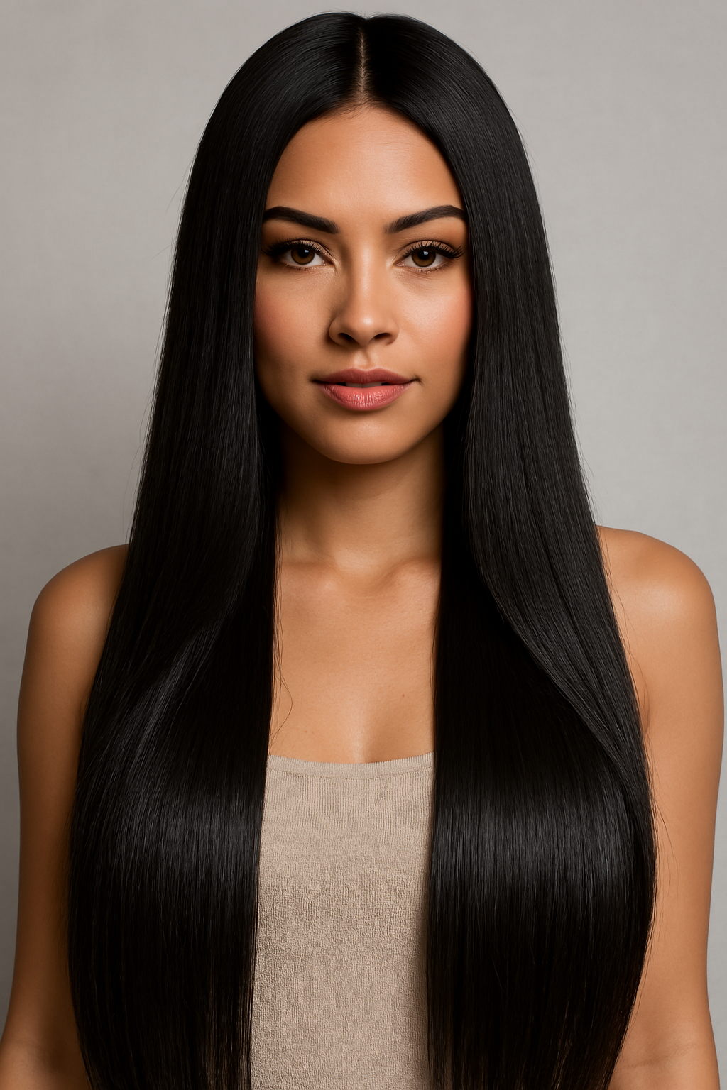 Woman wearing long straight black human hair wig