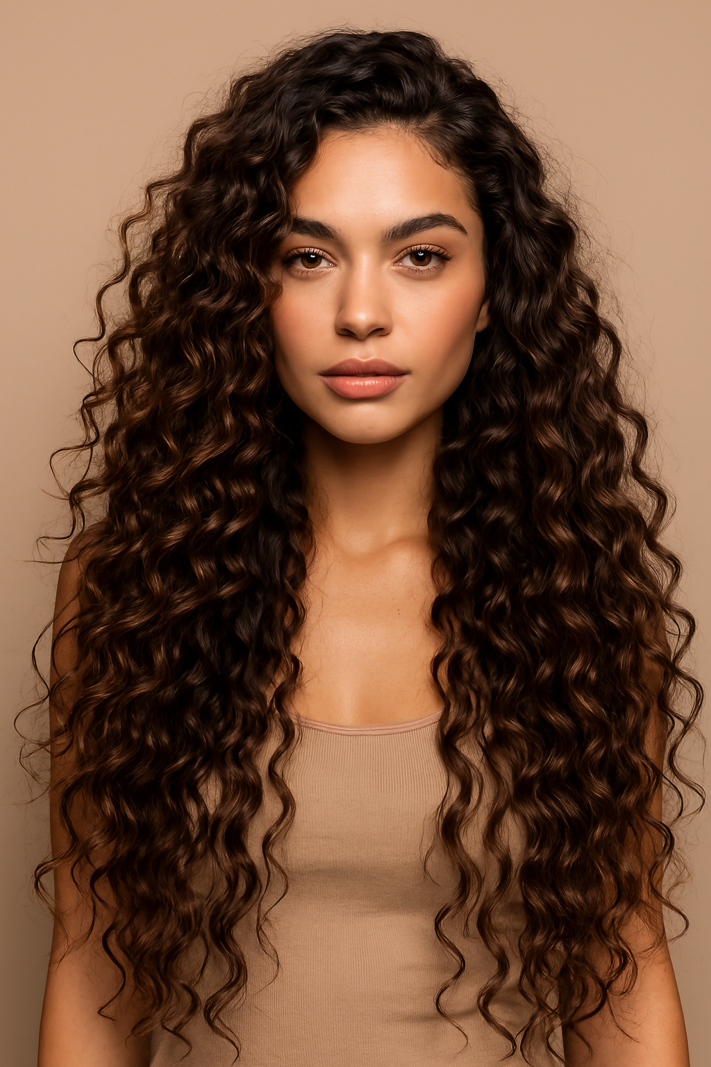 Woman wearing curly brown human hair wig