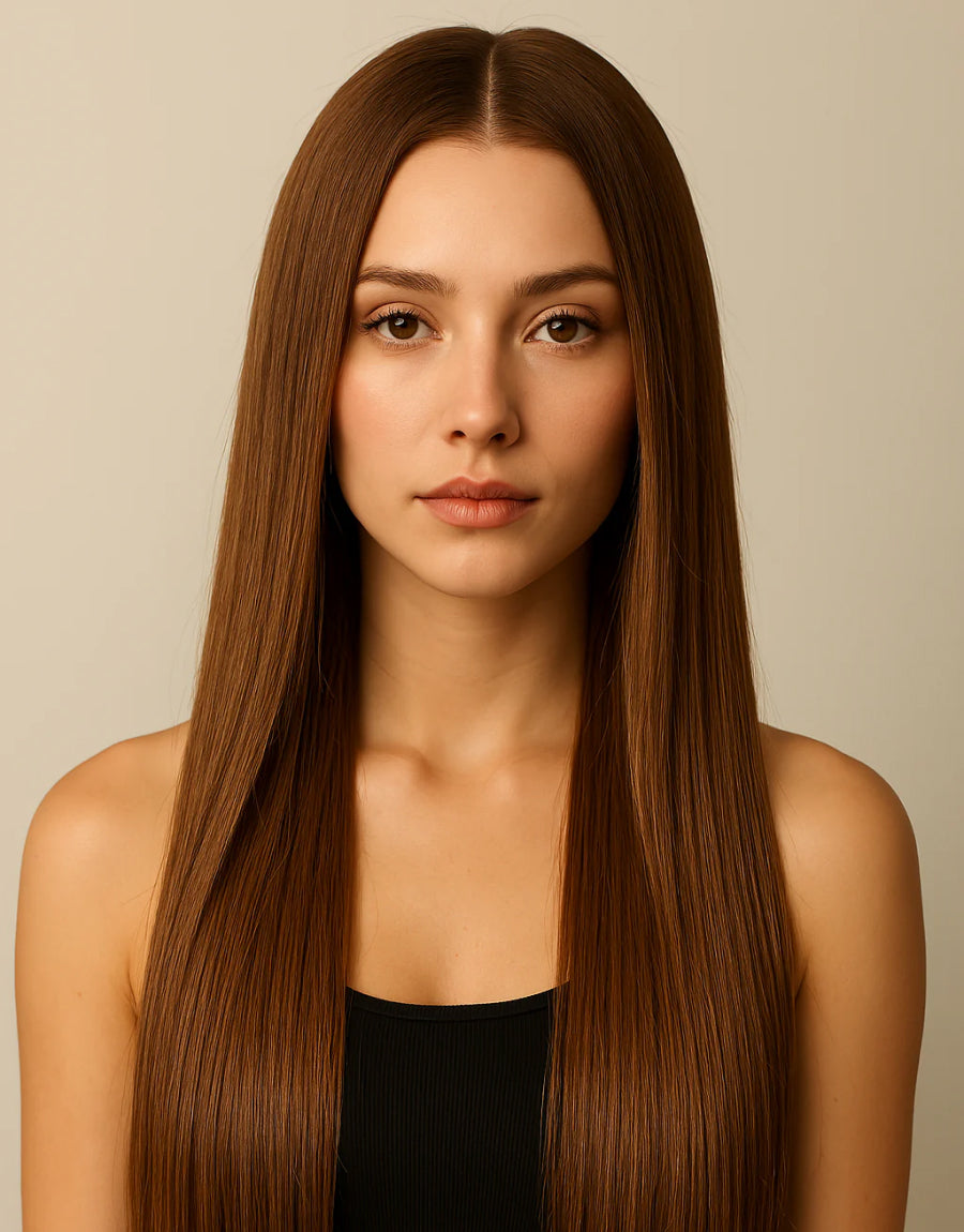 Young woman with long straight brown Remy hair extensions