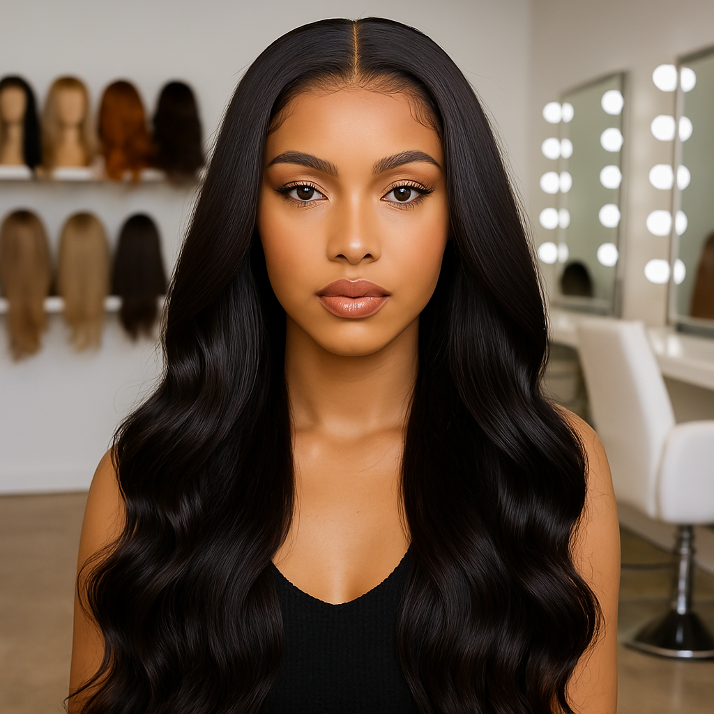 Woman wearing black human hair wig